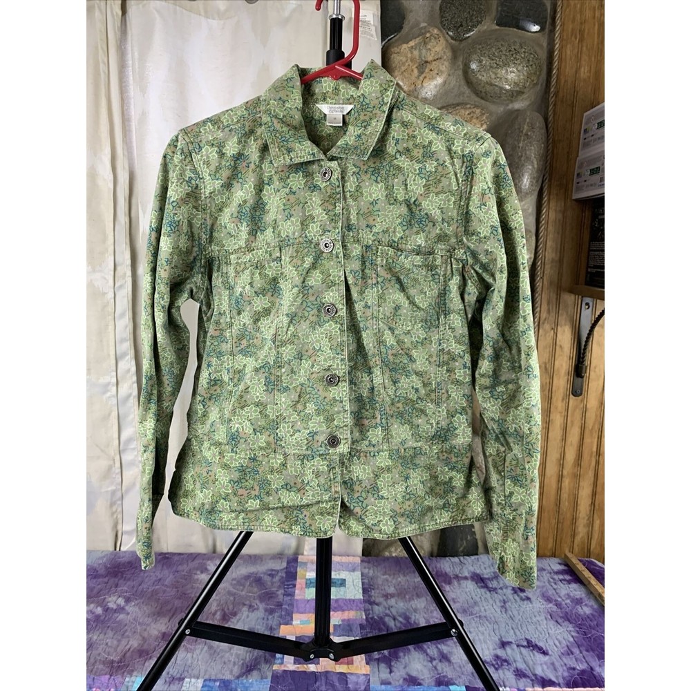 Christopher and Banks Women Denim Jacket Size Medium Button Up Floral Y2K - Picture 1 of 7